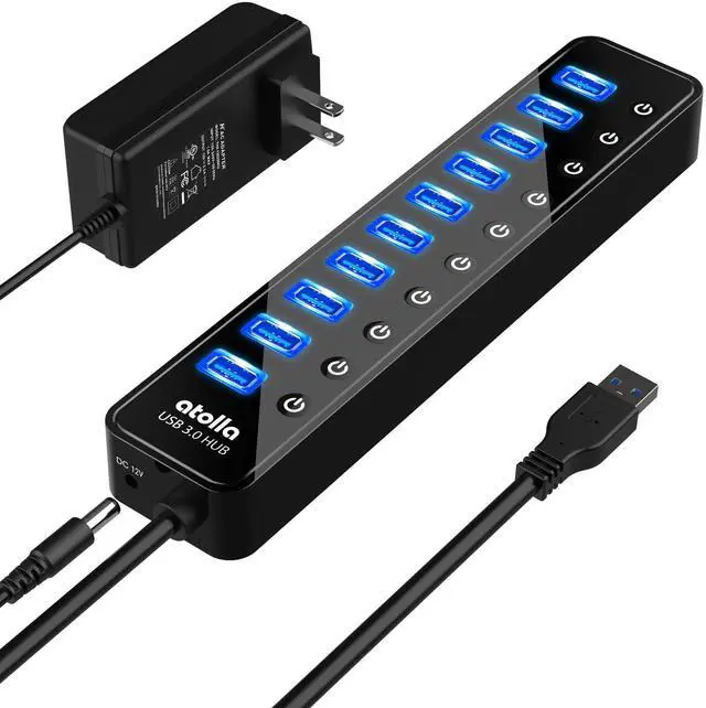 Alt view image 8 of 14 - Powered USB 3.0 Hub, 10 Ports USB Data Hub Splitter with Individual ON/Off Switches and 12V/2.5A Power Adapter USB Extension for Mouse, Keyboard, Hard Drive or More USB Devices