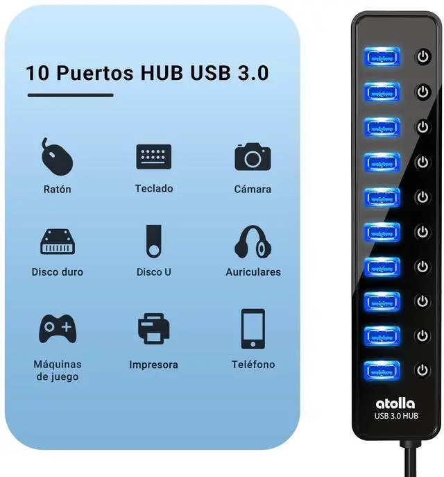 Alt view image 9 of 14 - Powered USB 3.0 Hub, 10 Ports USB Data Hub Splitter with Individual ON/Off Switches and 12V/2.5A Power Adapter USB Extension for Mouse, Keyboard, Hard Drive or More USB Devices