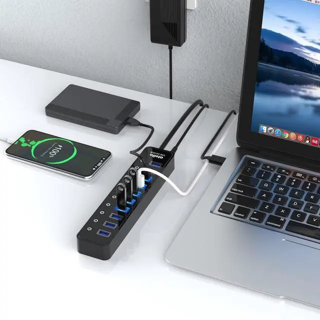 Alt view image 14 of 14 - Powered USB 3.0 Hub, 10 Ports USB Data Hub Splitter with Individual ON/Off Switches and 12V/2.5A Power Adapter USB Extension for Mouse, Keyboard, Hard Drive or More USB Devices