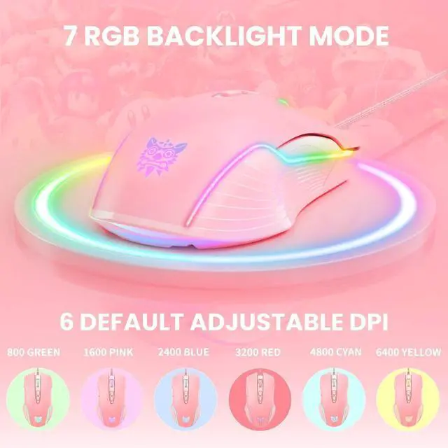 Alt view image 10 of 14 - RGB Gaming Mouse Wired, USB Optical Computer Mice with RGB Backlit, 6 Adjustable DPI Up to 6400, Ergonomic Gamer Laptop PC Mouse with 7 Programmable Buttons for Windows Vista Linux (Pink)