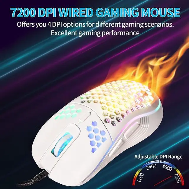 Alt view image 9 of 12 - Wired Gaming Mouse with RGB On/Off Switch, 7200 Adjustable DPI, Ergonomic Lightweight Design & High Precision Sensor for PC/Mac Gamers (White)