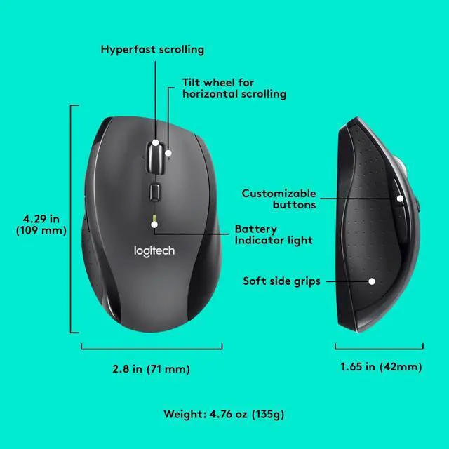 Alt view image 13 of 14 - M705 Marathon Wireless Mouse, Gaming Mouse Wireless, 2.4 GHz USB-A Receiver, 5-Programmable Buttons, 3-Year Battery, PC, Mac, Laptop, Chromebook - Black