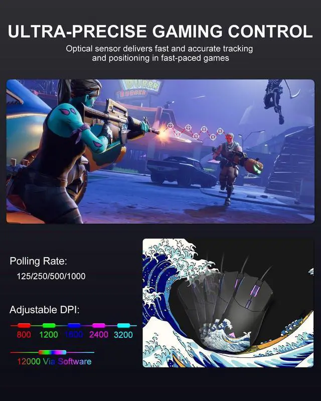 Alt view image 10 of 14 - USB Wired Gaming Mouse for PC Computer Windows Mac Laptop, Lightweight Silent RGB Backlit Mouse with Adjustable 12000DPI/7 Programmable Side Buttons,Black Kanagawa Theme-G705 V2