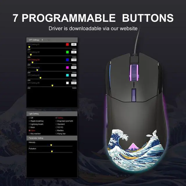 Alt view image 12 of 14 - USB Wired Gaming Mouse for PC Computer Windows Mac Laptop, Lightweight Silent RGB Backlit Mouse with Adjustable 12000DPI/7 Programmable Side Buttons,Black Kanagawa Theme-G705 V2