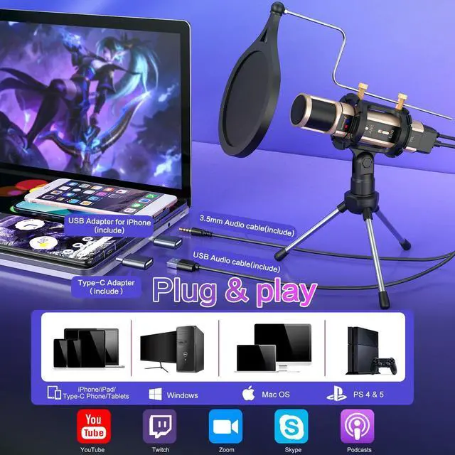 Alt view image 8 of 12 - USB Microphone for iPhone, iPad, Android, PC & Laptop, Condenser Podcast Mic with Noise Reduction, Mute, Headphone Monitoring & Echo Control for ASMR, Podcast, Streaming, Gaming
