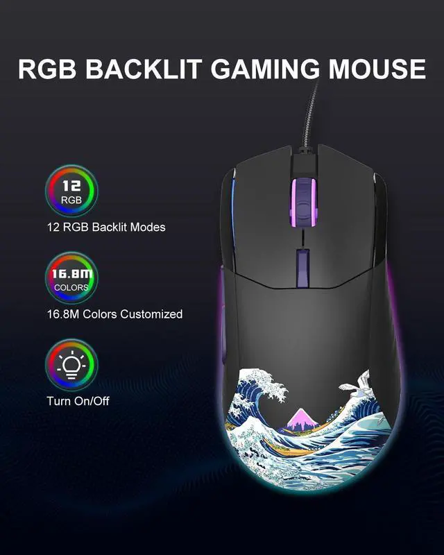 Alt view image 9 of 14 - USB Wired Gaming Mouse for PC Computer Windows Mac Laptop, Lightweight Silent RGB Backlit Mouse with Adjustable 12000DPI/7 Programmable Side Buttons,Black Kanagawa Theme-G705 V2