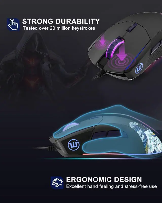 Alt view image 11 of 14 - USB Wired Gaming Mouse for PC Computer Windows Mac Laptop, Lightweight Silent RGB Backlit Mouse with Adjustable 12000DPI/7 Programmable Side Buttons,Black Kanagawa Theme-G705 V2