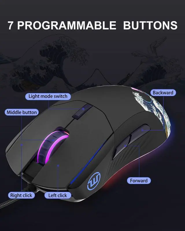Alt view image 13 of 14 - USB Wired Gaming Mouse for PC Computer Windows Mac Laptop, Lightweight Silent RGB Backlit Mouse with Adjustable 12000DPI/7 Programmable Side Buttons,Black Kanagawa Theme-G705 V2