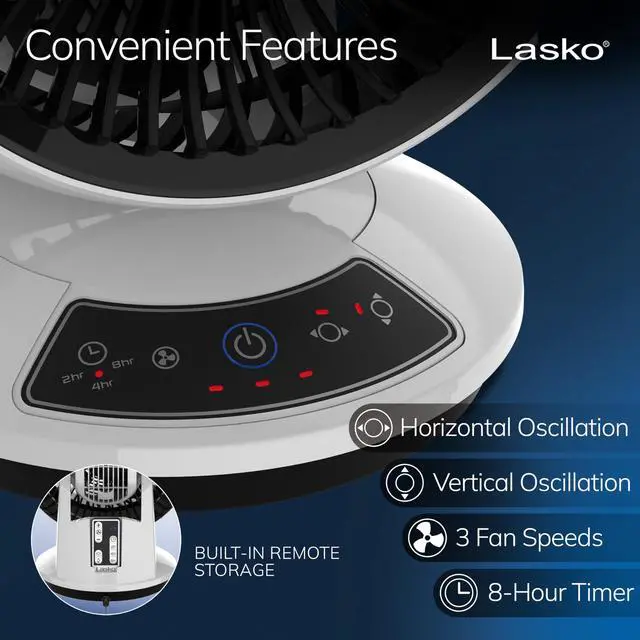 Alt view image 11 of 14 - Whirlwind Orbital Motion Air Circulator Table Fan, 3 Speeds, Timer, Dark Mode, Remote Control for Small and Medium Sized Rooms, White, A12557