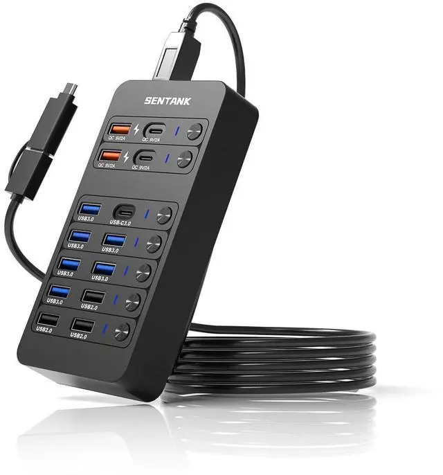 Alt view image 8 of 14 - Powered USB Hub,14 Ports USB Data Hub Splitter with 6 USB 3.0 Port,4 Charging Port,1 USB-C 3.0 Data Port,1 PD 60W Charging Port w LED Individual On/Off Switches for MacBook,Mac Pro,Laptop/PC
