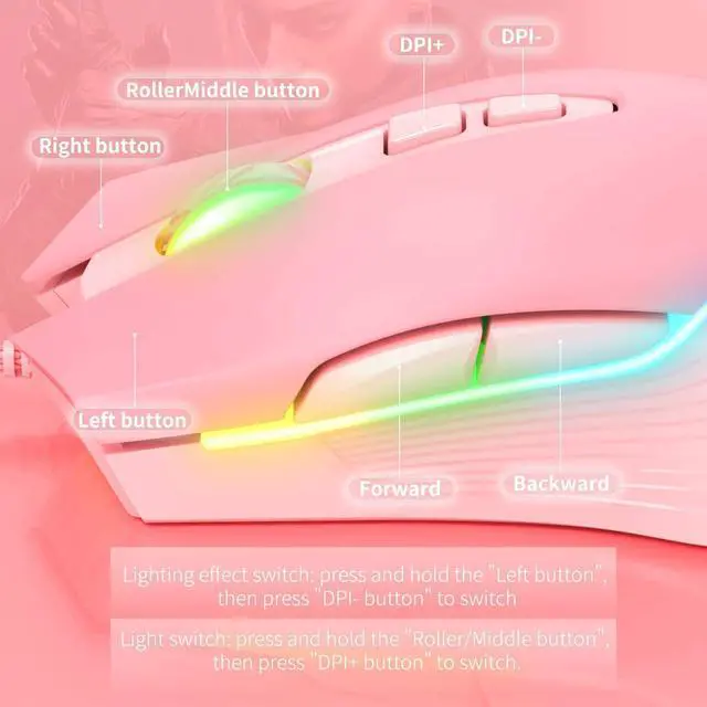 Alt view image 13 of 14 - RGB Gaming Mouse Wired, USB Optical Computer Mice with RGB Backlit, 6 Adjustable DPI Up to 6400, Ergonomic Gamer Laptop PC Mouse with 7 Programmable Buttons for Windows Vista Linux (Pink)