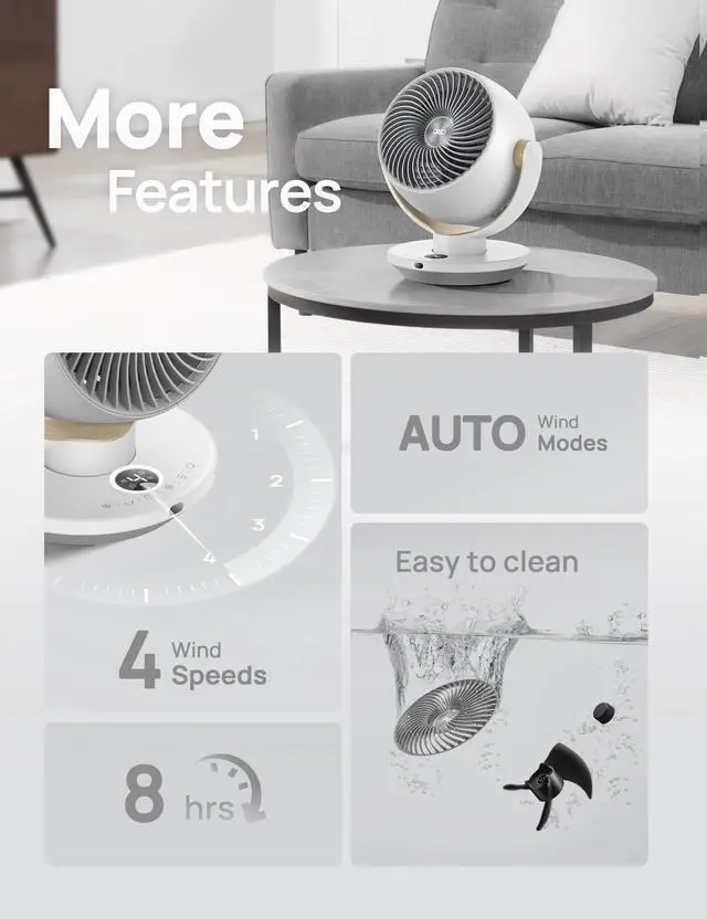 Alt view image 8 of 8 - Fan for Bedroom, Desk Air Circulator Fans with Remote, 11 Inch Table Fan for Whole Room, 65ft Powerful Airflow, 120° Vertical Manual and 90° Oscillating, 4 Speeds, 8H Timer, 25dB Quiet, Home
