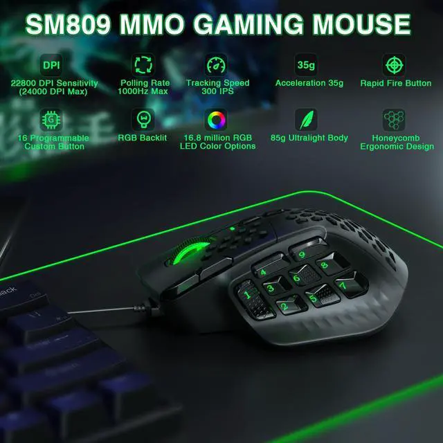 Alt view image 9 of 14 - SM809 Wired MMO Gaming Mouse,24000 DPI,16 Programmable,RGB PC Gaming Mice,Black
