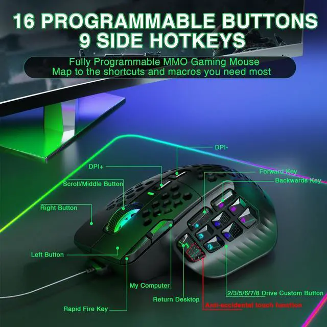Alt view image 11 of 14 - SM809 Wired MMO Gaming Mouse,24000 DPI,16 Programmable,RGB PC Gaming Mice,Black