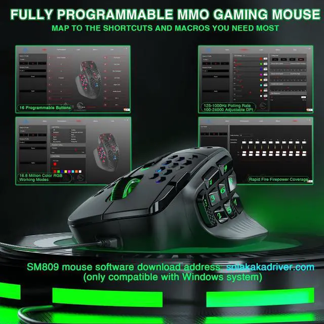 Alt view image 13 of 14 - SM809 Wired MMO Gaming Mouse,24000 DPI,16 Programmable,RGB PC Gaming Mice,Black
