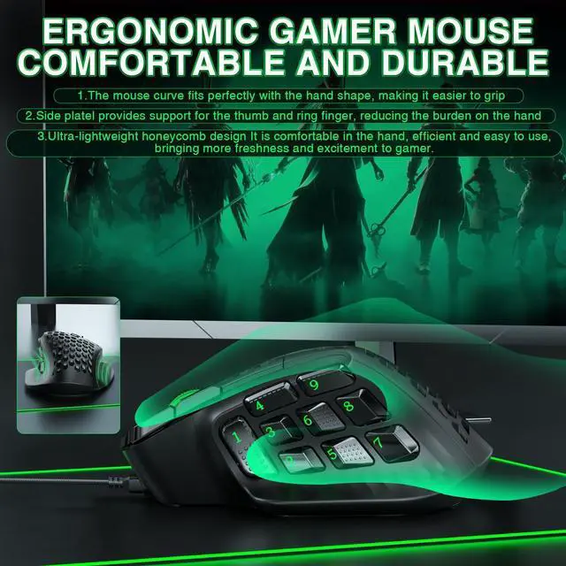 Alt view image 14 of 14 - SM809 Wired MMO Gaming Mouse,24000 DPI,16 Programmable,RGB PC Gaming Mice,Black