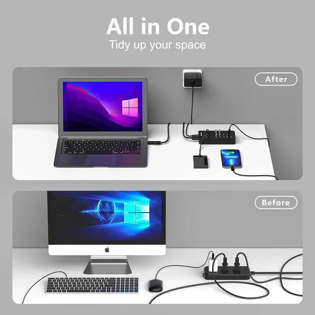 Alt view image 14 of 14 - Powered USB Hub,14 Ports USB Data Hub Splitter with 6 USB 3.0 Port,4 Charging Port,1 USB-C 3.0 Data Port,1 PD 60W Charging Port w LED Individual On/Off Switches for MacBook,Mac Pro,Laptop/PC