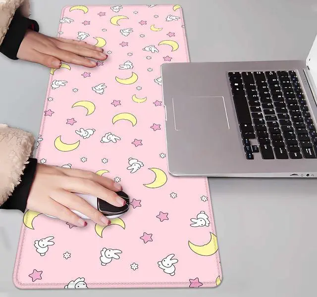 Alt view image 14 of 14 - Pink Kawaii Desk Pad, Cute Moon Bunny Desk Mat Computer Pad Desktop,Laptop Protector Aesthetic Anime Mousepad Writing Pad for Office Home School,Large Gaming Mouse Pad Tarot Mat,31.5 X 11.8