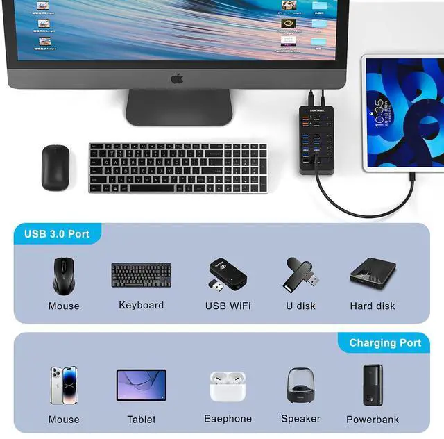 Alt view image 13 of 14 - Powered USB Hub,14 Ports USB Data Hub Splitter with 6 USB 3.0 Port,4 Charging Port,1 USB-C 3.0 Data Port,1 PD 60W Charging Port w LED Individual On/Off Switches for MacBook,Mac Pro,Laptop/PC
