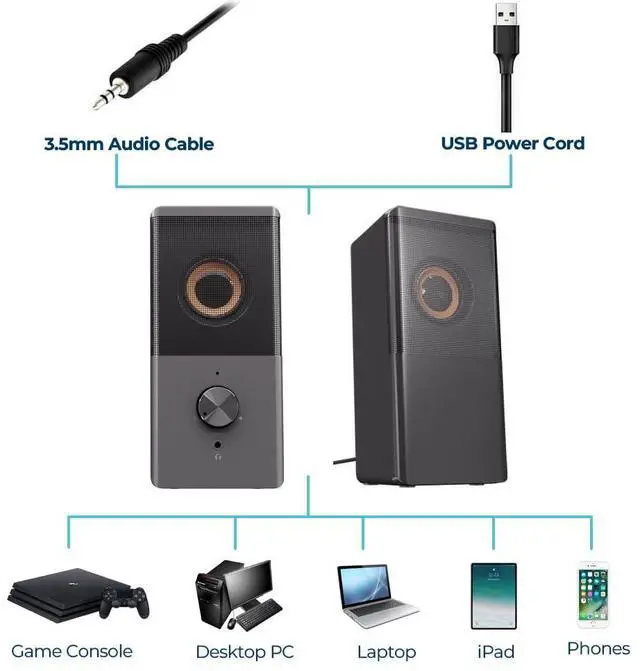 Alt view image 14 of 14 - Computer Speaker, Compact Size Speaker with Headphone Jack, Enhanced Bass and Volume Control, Stereo 2.0 USB Powered 3.5mm Aux Multimedia Speakers for Laptop/Desktop/Tablets/Phone