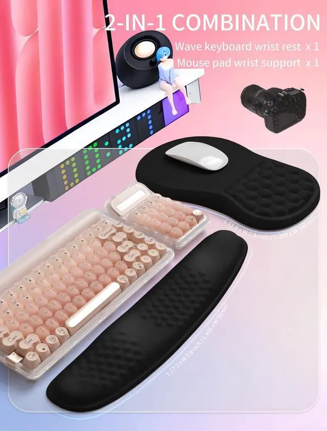 Alt view image 11 of 12 - 2in1 Combination, Wave Keyboard Wrist Rest and Ergonomic Curvature Mouse Pad Wrist Support for Relieve Wrist Pain, Filled with Soft Cushion Memory Foam, Black