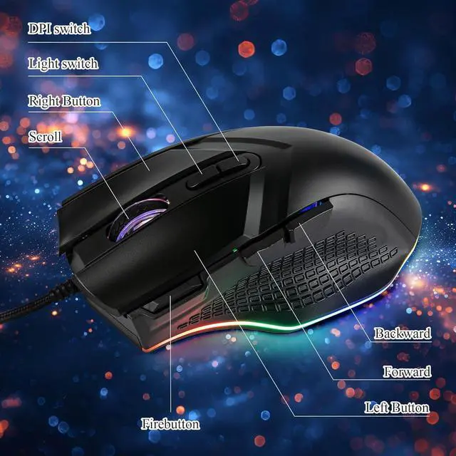 Alt view image 8 of 10 - Gaming Mouse 6 Adjustable DPI Up to 7200 Wired PC Gaming Mouse 8 Programmable Buttons 13 Adjustable RGB LED Modes 1.5 M Drag-Free Paracord Ergonomic Mouse Windows/PC/Mac/Laptop (Black)