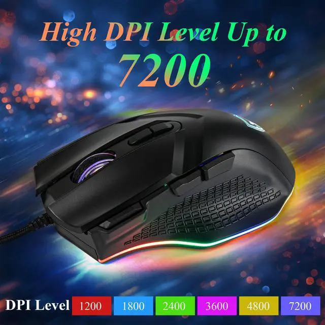 Alt view image 7 of 10 - Gaming Mouse 6 Adjustable DPI Up to 7200 Wired PC Gaming Mouse 8 Programmable Buttons 13 Adjustable RGB LED Modes 1.5 M Drag-Free Paracord Ergonomic Mouse Windows/PC/Mac/Laptop (Black)