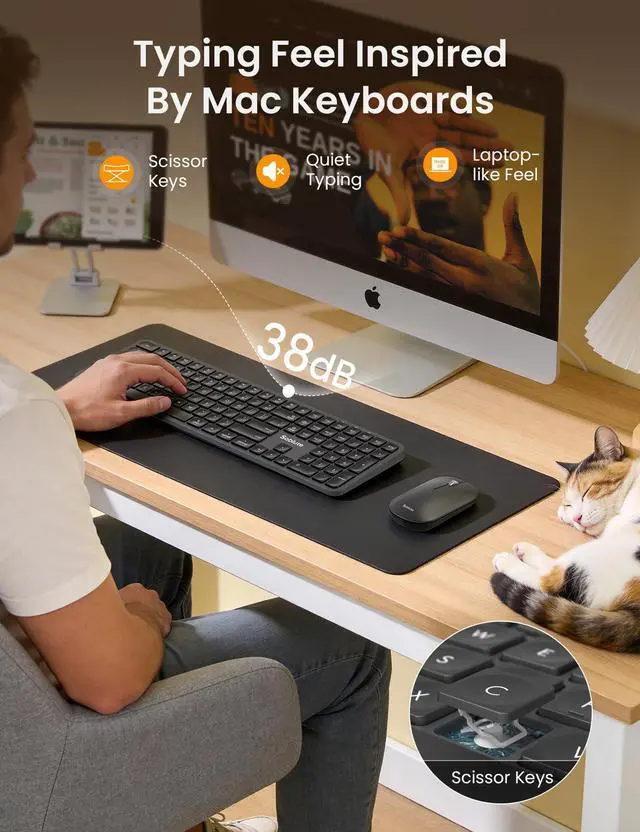 Alt view image 11 of 14 - Bluetooth Keyboard and Mouse for Mac, KMA2 Rechargeable Full Size Wireless Combo, Quiet Scissor Keys, 3 Multi-Device Connection, Metallic Texture, Compatible for Mac, MacBook, iPad, Space Gray