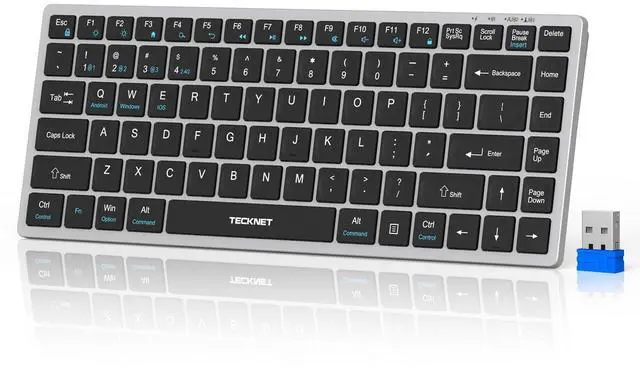 Alt view image 8 of 14 - Bluetooth Keyboard Rechargeable, 4-Device (2.4G+3BT) Wireless Keyboard, Ultra-Slim Quiet Typing, 14 Hotkeys Computer Keyboard for PC/Laptop/Smart TV/Tablet/iPad