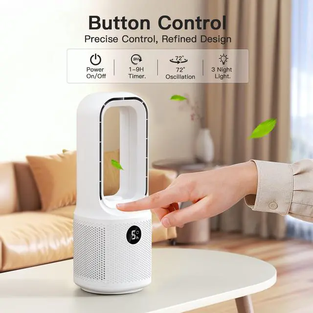 Alt view image 9 of 14 - Bladeless Desk Fan Small Quiet,5-Speed Bedside Table Fan with 3-Level Brightness Night Light, 72° Oscillation, 9-Hour Timer, Wired Power with Adapter,Fan for Bedroom Office Home,13x5 Incn