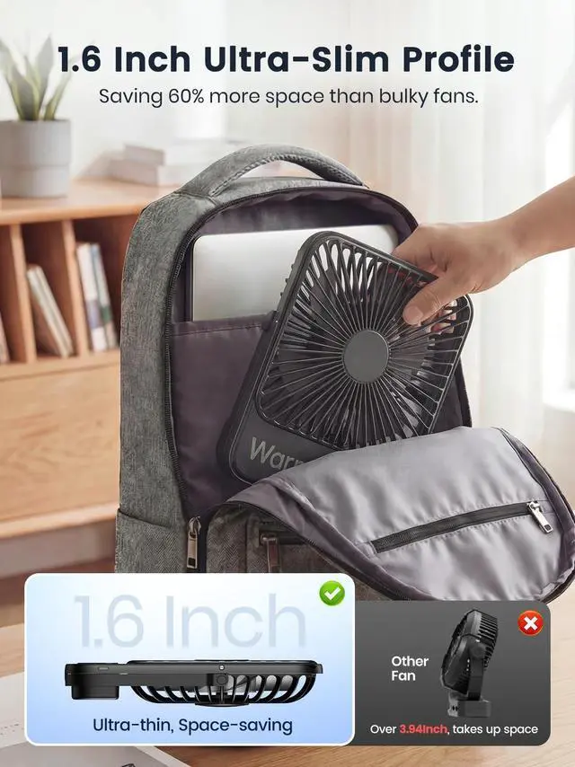 Alt view image 10 of 14 - 10000mAh Portable Travel Fan 7-inch, Max 24H Runtime, Ultra-thin Quiet Rechargeable Battery Operated Desk Fan with Digital Display for Camping, Office, Bedroom, Cruise Essentials