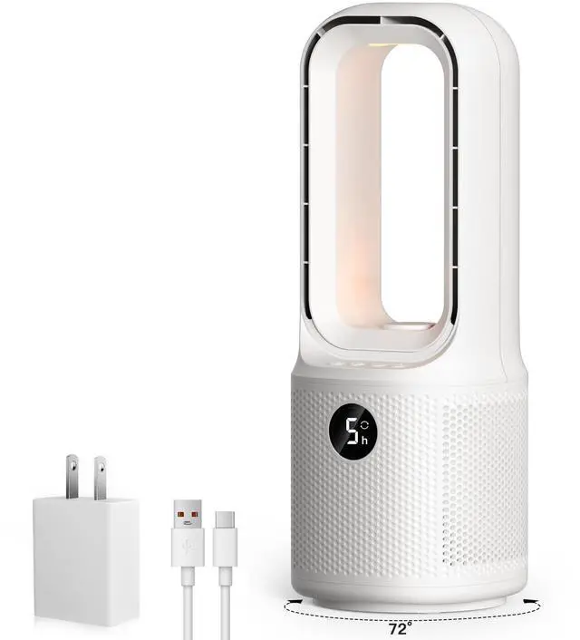 Alt view image 8 of 14 - Bladeless Desk Fan Small Quiet,5-Speed Bedside Table Fan with 3-Level Brightness Night Light, 72° Oscillation, 9-Hour Timer, Wired Power with Adapter,Fan for Bedroom Office Home,13x5 Incn