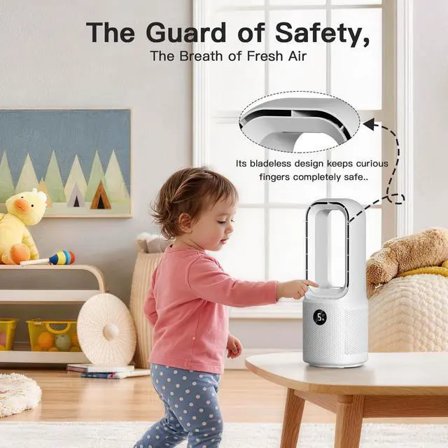 Alt view image 11 of 14 - Bladeless Desk Fan Small Quiet,5-Speed Bedside Table Fan with 3-Level Brightness Night Light, 72° Oscillation, 9-Hour Timer, Wired Power with Adapter,Fan for Bedroom Office Home,13x5 Incn