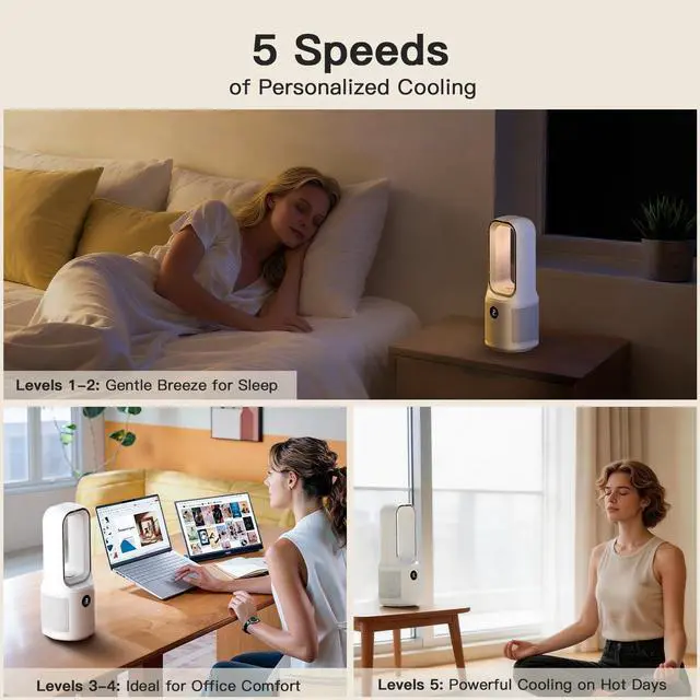Alt view image 10 of 14 - Bladeless Desk Fan Small Quiet,5-Speed Bedside Table Fan with 3-Level Brightness Night Light, 72° Oscillation, 9-Hour Timer, Wired Power with Adapter,Fan for Bedroom Office Home,13x5 Incn