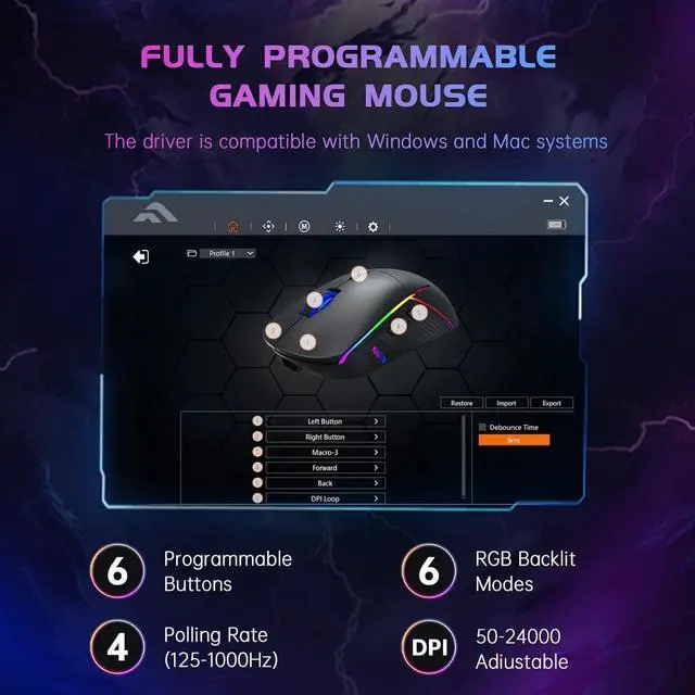 Alt view image 11 of 14 - Wireless Gaming Mouse, 24000 DPI, Tri-Mode 2.4G/USB-C/Bluetooth 5.3 Gaming Mouse Wireless, RGB Programmable Mouse Gamer, 75Hrs Battery Life, Rechargeable Gaming Mice for PC, Mac, Black
