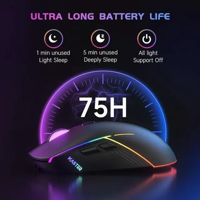 Alt view image 12 of 14 - Wireless Gaming Mouse, 24000 DPI, Tri-Mode 2.4G/USB-C/Bluetooth 5.3 Gaming Mouse Wireless, RGB Programmable Mouse Gamer, 75Hrs Battery Life, Rechargeable Gaming Mice for PC, Mac, Black