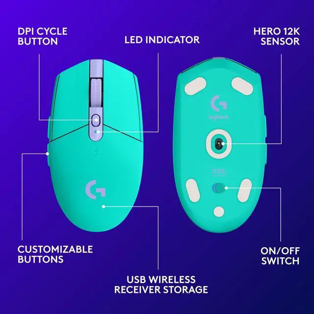 Alt view image 14 of 15 - G305 Lightspeed Wireless Gaming Mouse, Hero Sensor, 12,000 DPI, Lightweight, 6 Programmable Buttons, 250h Battery, On-Board Memory, Compatible with PC, Mac - Mint