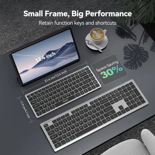 Alt view image 10 of 14 - Bluetooth Keyboard Rechargeable, 4-Device (2.4G+3BT) Wireless Keyboard, Ultra-Slim Quiet Typing, 14 Hotkeys Computer Keyboard for PC/Laptop/Smart TV/Tablet/iPad