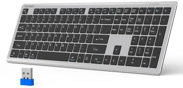 Alt view image 8 of 14 - Bluetooth Keyboard Rechargeable, 4-Device Free Switching (2.4G+BT), Ultra-Slim Full Size Wireless Keyboard, Quiet Typing, for PC/Laptop/Smart TV/Phone, Adjustable Stand, 12 Multimedia Keys