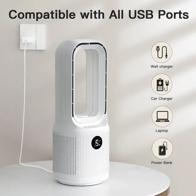 Alt view image 14 of 14 - Bladeless Desk Fan Small Quiet,5-Speed Bedside Table Fan with 3-Level Brightness Night Light, 72° Oscillation, 9-Hour Timer, Wired Power with Adapter,Fan for Bedroom Office Home,13x5 Incn