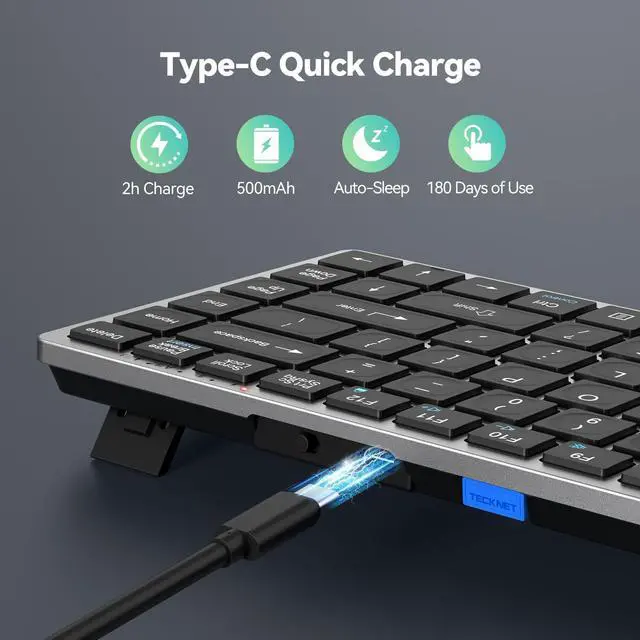 Alt view image 11 of 14 - Bluetooth Keyboard Rechargeable, 4-Device (2.4G+3BT) Wireless Keyboard, Ultra-Slim Quiet Typing, 14 Hotkeys Computer Keyboard for PC/Laptop/Smart TV/Tablet/iPad