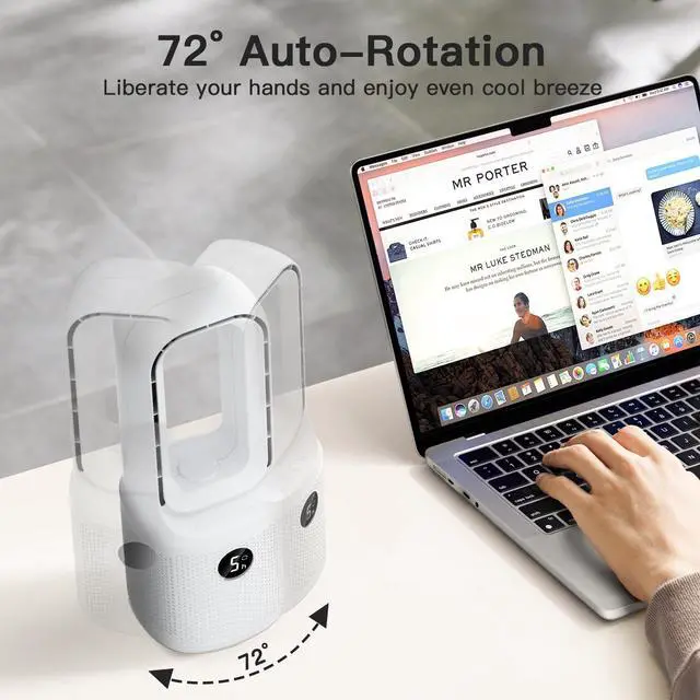 Alt view image 12 of 14 - Bladeless Desk Fan Small Quiet,5-Speed Bedside Table Fan with 3-Level Brightness Night Light, 72° Oscillation, 9-Hour Timer, Wired Power with Adapter,Fan for Bedroom Office Home,13x5 Incn