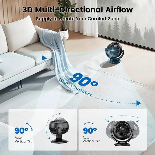 Alt view image 10 of 14 - Ultra Quiet Fans for Bedroom 25dB, 3D Auto Air Circulator Desk Fan with Remote, 90° Vertical+90° Oscillating Fan, Powerful Airflow, 12H Timer, 12 Inch Table Fan for Desk Bedroom Office Home