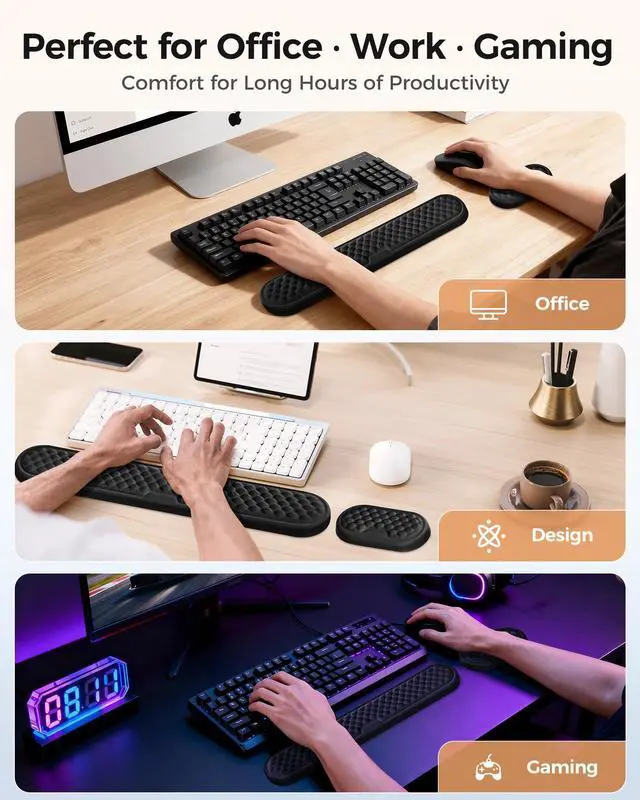Alt view image 13 of 14 - Wrist Rest Set for Keyboard and Mouse, Ergonomic Wrist Support with Memory Foam, Silky Lycra Cover, Non-Slip Base, Helps Ease Wrist Pressure and Fatigue During Long Typing and Gaming Sessions (Black)