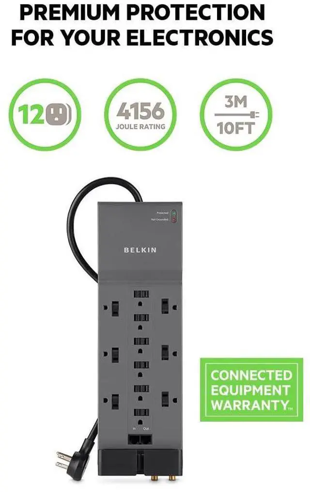 Alt view image 7 of 10 - Power Strip Surge Protector with 12 AC Multiple Outlets, 10 ft Long Flat Plug Heavy Duty Extension Cord for Home, Office, Travel, Computer Desktop, Laptop & Phone Charging Bricks (4,156 Joules)
