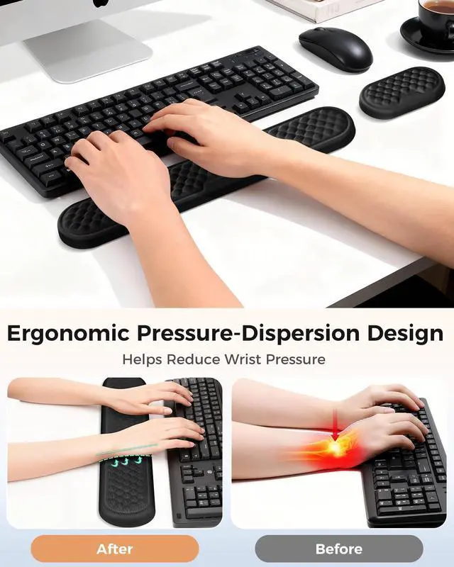 Alt view image 9 of 14 - Wrist Rest Set for Keyboard and Mouse, Ergonomic Wrist Support with Memory Foam, Silky Lycra Cover, Non-Slip Base, Helps Ease Wrist Pressure and Fatigue During Long Typing and Gaming Sessions (Black)