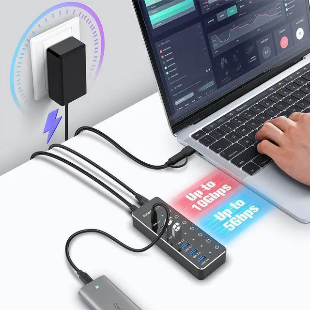 Alt view image 9 of 14 - 7-Port Powered USB 3.2/USB C Hub with 10Gbps USB-A 3.2, 2 USB-C 3.2, 4 USB 3.0 Ports, Individual Touch Switches, 3.3ft Cable and 5V Power Adapter, USB Hub Splitter for Laptop/PC, RSH-ST07C