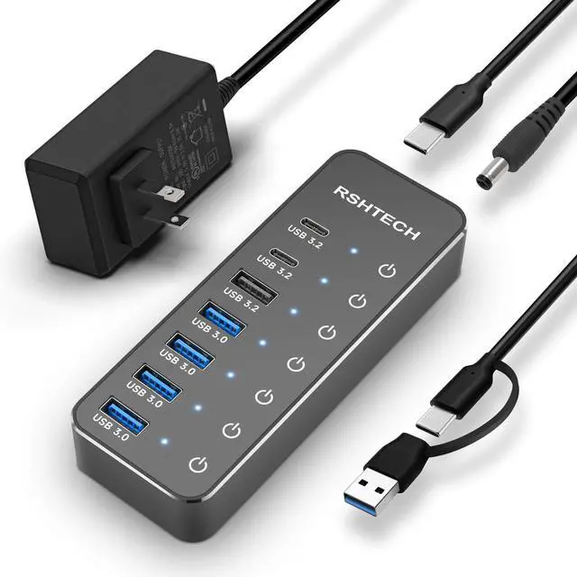 Alt view image 8 of 14 - 7-Port Powered USB 3.2/USB C Hub with 10Gbps USB-A 3.2, 2 USB-C 3.2, 4 USB 3.0 Ports, Individual Touch Switches, 3.3ft Cable and 5V Power Adapter, USB Hub Splitter for Laptop/PC, RSH-ST07C