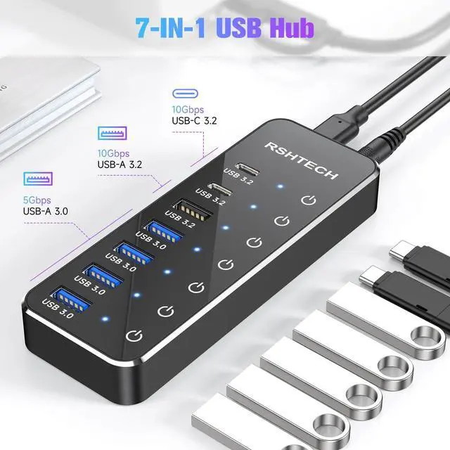 Alt view image 10 of 14 - 7-Port Powered USB 3.2/USB C Hub with 10Gbps USB-A 3.2, 2 USB-C 3.2, 4 USB 3.0 Ports, Individual Touch Switches, 3.3ft Cable and 5V Power Adapter, USB Hub Splitter for Laptop/PC, RSH-ST07C