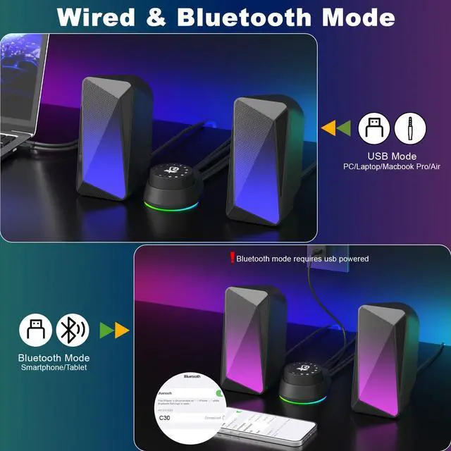 Alt view image 12 of 14 - 2.0 Bluetooth Computer Speakers, USB Powered & 3.5 mm AUX PC Speakers with Easy-Control Pod, Gaming Speakers with Pulsing & LED Flame Lights for Monitor Laotop Desktop, Black